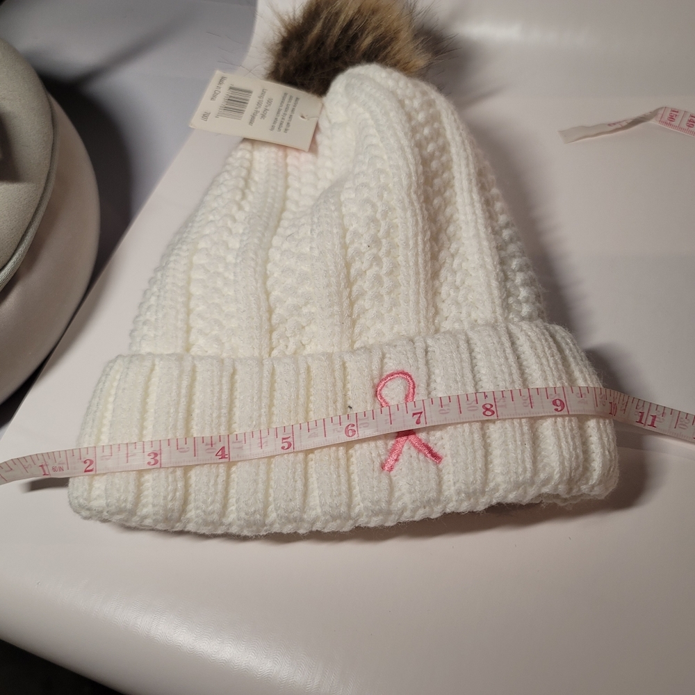 White  & pink ribbon hat winter, cold and snow